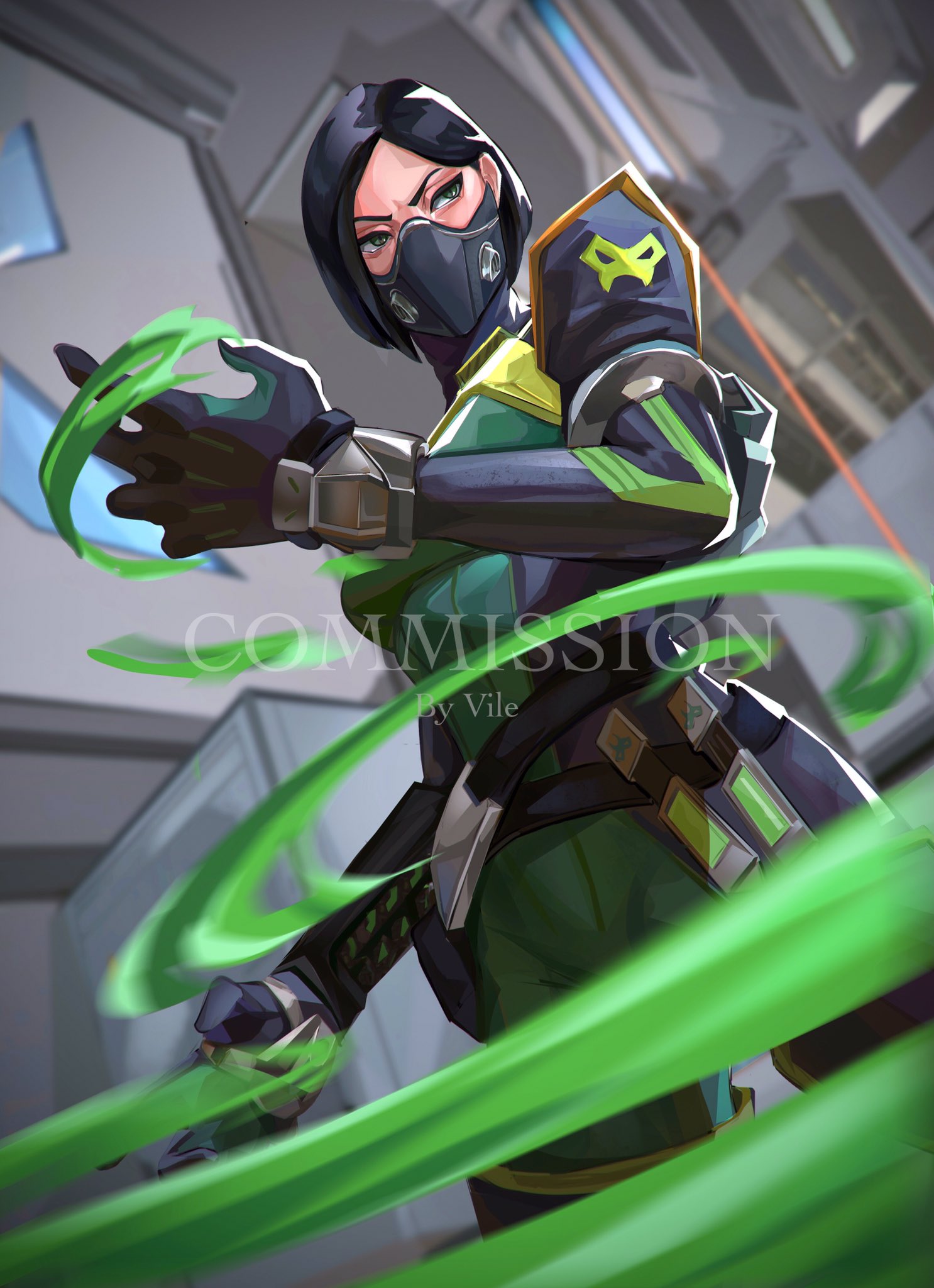 1girl artist_name black_hair bodysuit breasts commission english_commentary green_bodysuit green_eyes hair_behind_ear highres looking_to_the_side medium_breasts open_hand short_hair smoke solo v-shaped_eyebrows valorant vile_(vile_jp) viper_(valorant) watermark