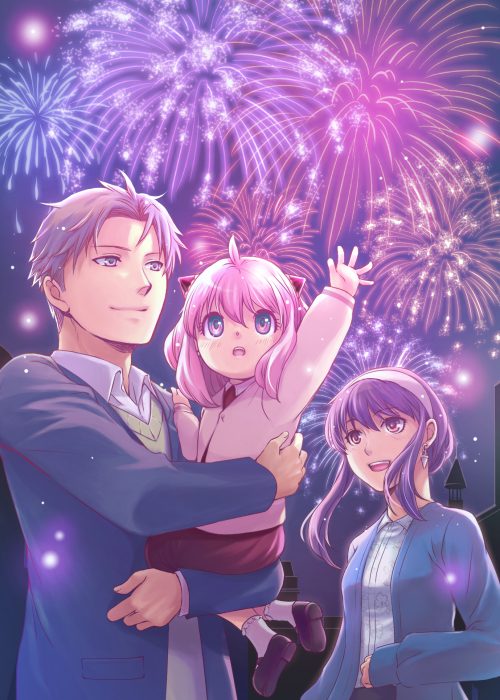 1boy 2girls anya_(spy_x_family) bangs blonde_hair blue_cardigan breasts cardigan carrying carrying_person earrings eden_academy_uniform family female_child fireworks green_cardigan hair_between_eyes hair_up hairband hairpods hand_up jacket jewelry long_hair multiple_girls open_mouth outdoors outstretched_arm parted_bangs pink_hair purple_hair shirt short_hair sidelocks smile spy_x_family teeth tsuki_oto_sena twilight_(spy_x_family) upper_body upper_teeth white_hairband white_shirt yor_briar