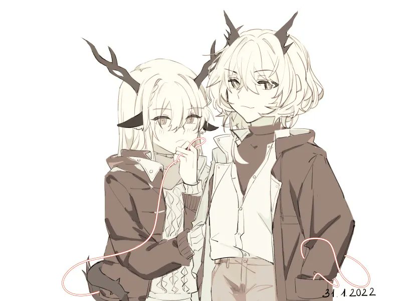 2girls alina_(arknights) animal_ears arknights clistrd commentary dated deer_antlers deer_ears deer_girl dragon_girl dragon_horns dragon_tail english_commentary hair_between_eyes horns jacket long_sleeves looking_at_viewer monochrome multiple_girls open_clothes open_jacket pants sepia shirt simple_background smile string string_of_fate tail tail_around_waist talulah_(arknights) upper_body v-shaped_eyebrows vest white_background