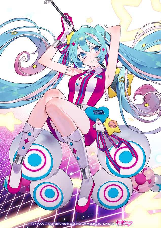 1girl aqua_hair artist_name belt blue_bow blue_eyes blue_necktie boots bow character_name closed_mouth collared_dress copyright copyright_name dress floating floating_hair gradient_eyes gradient_hair hair_between_eyes hatsune_miku headset heart holding holding_microphone knees_up looking_at_viewer magical_mirai_(vocaloid) magical_mirai_miku magical_mirai_miku_(2022) microphone multicolored_eyes multicolored_hair necktie noco_(adamas) official_art pink_bow pink_dress pink_eyes pink_footwear pink_hair pink_necktie radio_antenna rocket_ship second-party_source sidelocks sleeveless smile solo spacecraft star_(symbol) two-tone_bow two-tone_necktie vocaloid white_dress white_footwear