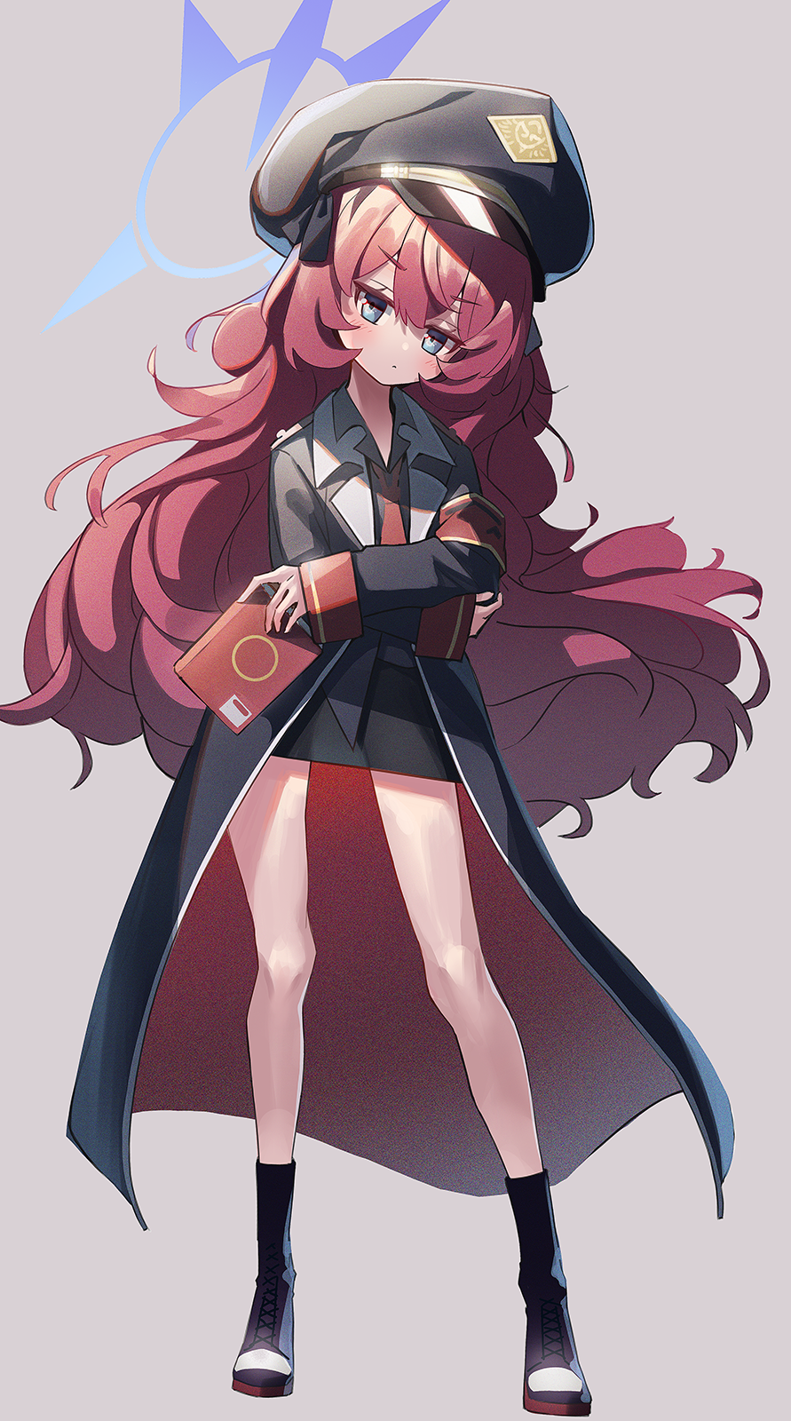 1girl bangs black_coat black_socks blue_archive blue_eyes book coat collared_shirt crossed_arms full_body grey_background hair_between_eyes halo head_tilt highres holding holding_book iroha_(blue_archive) kneehighs long_hair long_sleeves looking_at_viewer miyoshi_nao_(miyoshist) necktie redhead school_uniform shirt shoes sidelocks simple_background sneakers socks solo standing translation_request
