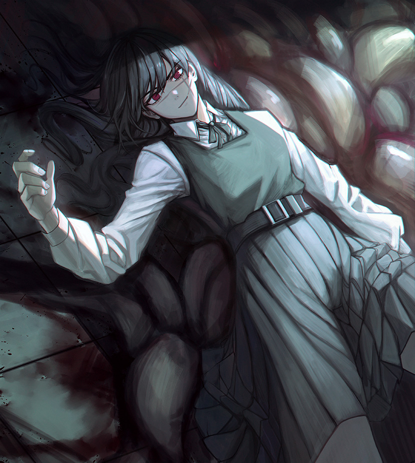 &gt;:) 1girl bangs belt belt_buckle black_hair blood buckle chainsaw_man collared_shirt dress dutch_angle feet_out_of_frame fkskii65 from_above grey_dress hand_up long_hair long_sleeves looking_at_viewer lying mitaka_asa neck_ribbon on_back pinafore_dress red_eyes ribbon ringed_eyes scar scar_on_cheek scar_on_face school_uniform shirt smile smirk solo v-shaped_eyebrows war_devil_(chainsaw_man) white_shirt