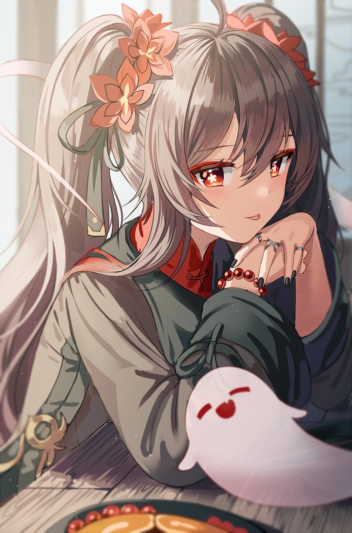 1girl :p ahoge bead_bracelet beads black_nails blush bracelet brown_coat brown_hair coat elbow_rest flower flower-shaped_pupils genshin_impact ghost hair_between_eyes hair_flower hair_ornament head_rest hu_tao_(genshin_impact) jewelry long_hair long_sleeves multiple_rings red_eyes red_flower ring silence_girl sitting solo sunlight symbol-shaped_pupils tongue tongue_out twintails upper_body