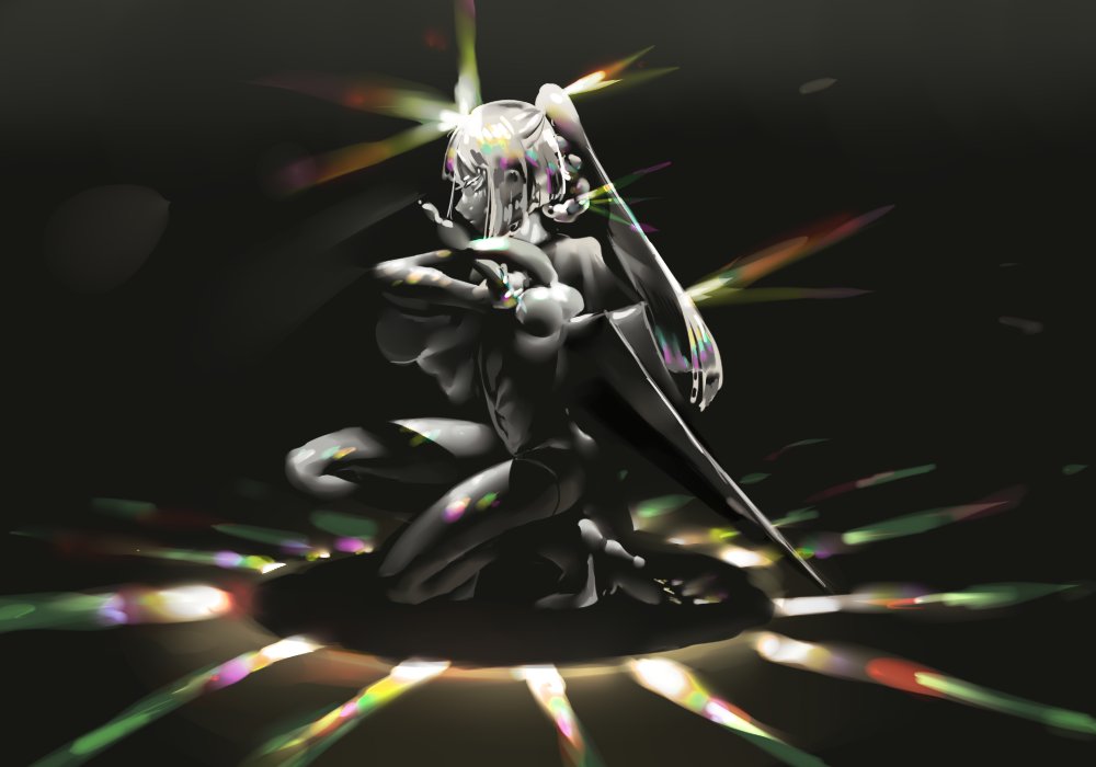 1other black_background capelet colored_skin commentary_request crystal_hair eyelashes fighting_stance from_side full_body grey_hair grey_skin gyakumushi half_updo holding holding_sword holding_weapon houseki_no_kuni long_hair looking_away moon_uniform_(houseki_no_kuni) one_knee original other_focus ponytail profile short_hair_with_long_locks short_jumpsuit solo sparkle sword weapon