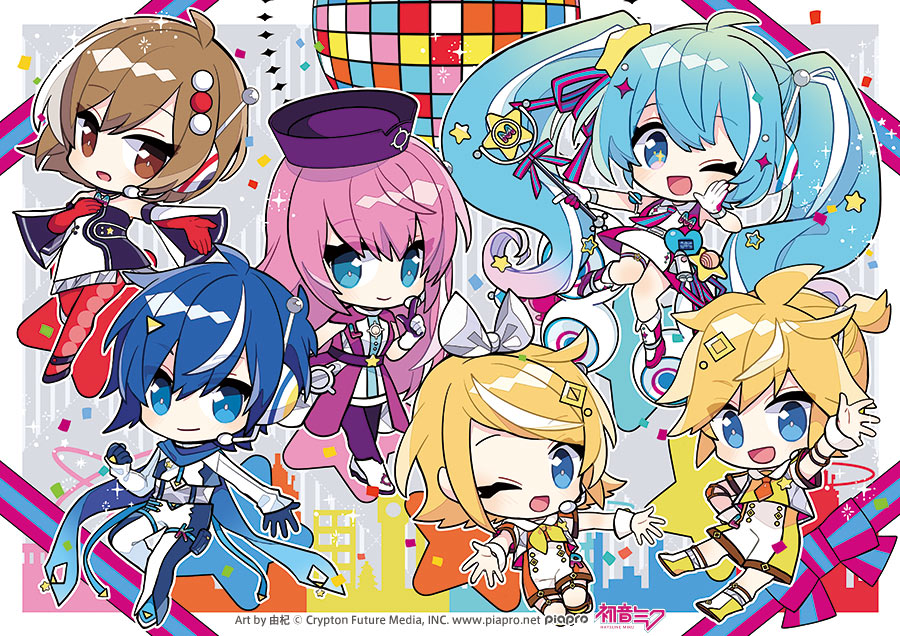 2boys 4girls absurdly_long_hair aqua_hair bangs belt blonde_hair blue_bow blue_eyes blue_gloves blue_hair blue_necktie blue_ribbon boots bow brown_eyes brown_hair chibi clenched_hand closed_mouth collared_dress detached_sleeves dress flipped_hair floating gloves gradient_hair hair_bow hair_ornament hand_on_own_chest hat hatsune_miku headset heart holding holding_wand index_finger_raised knee_boots knees_together_feet_apart long_hair looking_at_viewer magical_mirai_(vocaloid) magical_mirai_kaito magical_mirai_kaito_(2022) magical_mirai_len magical_mirai_len_(2022) magical_mirai_luka magical_mirai_luka_(2022) magical_mirai_meiko magical_mirai_meiko_(2022) magical_mirai_miku magical_mirai_miku_(2022) magical_mirai_rin magical_mirai_rin_(2022) medium_hair microphone microphone_wand multicolored_eyes multicolored_hair multiple_boys multiple_girls neckerchief necktie official_art one_eye_closed open_mouth orange_bow outstretched_arm outstretched_arms pink_bow pink_dress pink_eyes pink_footwear pink_gloves pink_hair pink_necktie pink_ribbon purple_dress purple_gloves purple_headwear radio_antenna reaching_out red_gloves ribbon rocket_ship second-party_source short_ponytail sidelocks sleeveless sleeveless_dress smile spacecraft standing star-shaped_pupils star_(symbol) star_hair_ornament streaked_hair symbol-shaped_pupils thigh_strap twintails two-tone_bow two-tone_gloves two-tone_necktie two-tone_ribbon very_long_hair vocaloid wand white_bow white_dress white_footwear white_gloves white_hair wrist_cuffs yellow_neckerchief yoshiki
