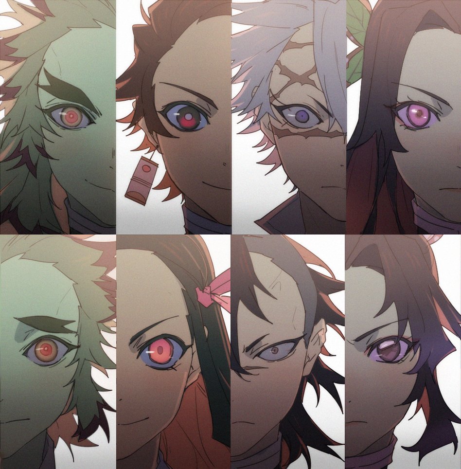 3girls 5boys bangs black_hair blonde_hair brother_and_sister brothers brown_hair close-up closed_mouth colored_sclera column_lineup commentary earrings forked_eyebrows frown glowing glowing_eyes grey_hair hair_ribbon jewelry kamado_nezuko kamado_tanjirou kimetsu_no_yaiba kochou_kanae kochou_shinobu light_smile looking_at_viewer mohawk multicolored_hair multiple_boys multiple_girls pig_ggul pink_eyes pink_ribbon portrait purple_hair purple_sclera red_eyes rengoku_kyoujurou rengoku_senjurou ribbon sanpaku scar scar_on_cheek scar_on_face scar_on_forehead serious shinazugawa_genya shinazugawa_sanemi short_hair siblings sidelocks simple_background sisters smile smirk streaked_hair updo veins white_background wide-eyed