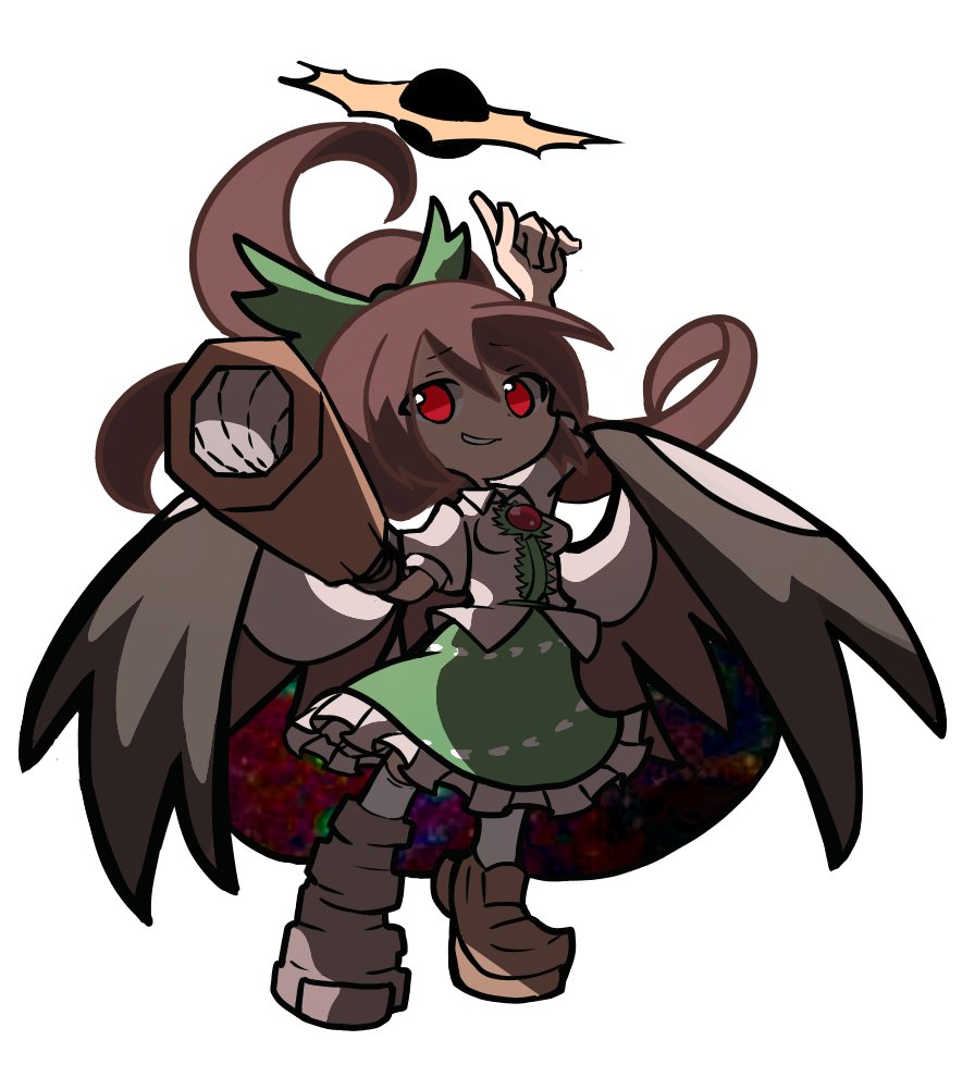1girl arm_cannon asymmetrical_footwear bird_wings black_sun black_wings bow brown_hair cape collared_shirt frilled_skirt frills full_body green_bow green_skirt hair_bow kneehighs long_hair looking_at_viewer open_mouth pointing pointing_up ponytail puffy_short_sleeves puffy_sleeves puyopuyo red_eyes reiuji_utsuho shade shinmon_akika shirt shoes short_sleeves simple_background single_shoe skirt smirk socks solo standing starry_sky_print sun touhou weapon white_background white_shirt wings