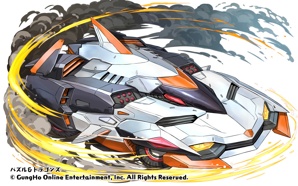 car drifting ground_vehicle headlight missile_pod motor_vehicle ninnin_(shishitou) no_humans official_art puzzle_&amp;_dragons smoke solo vehicle_focus