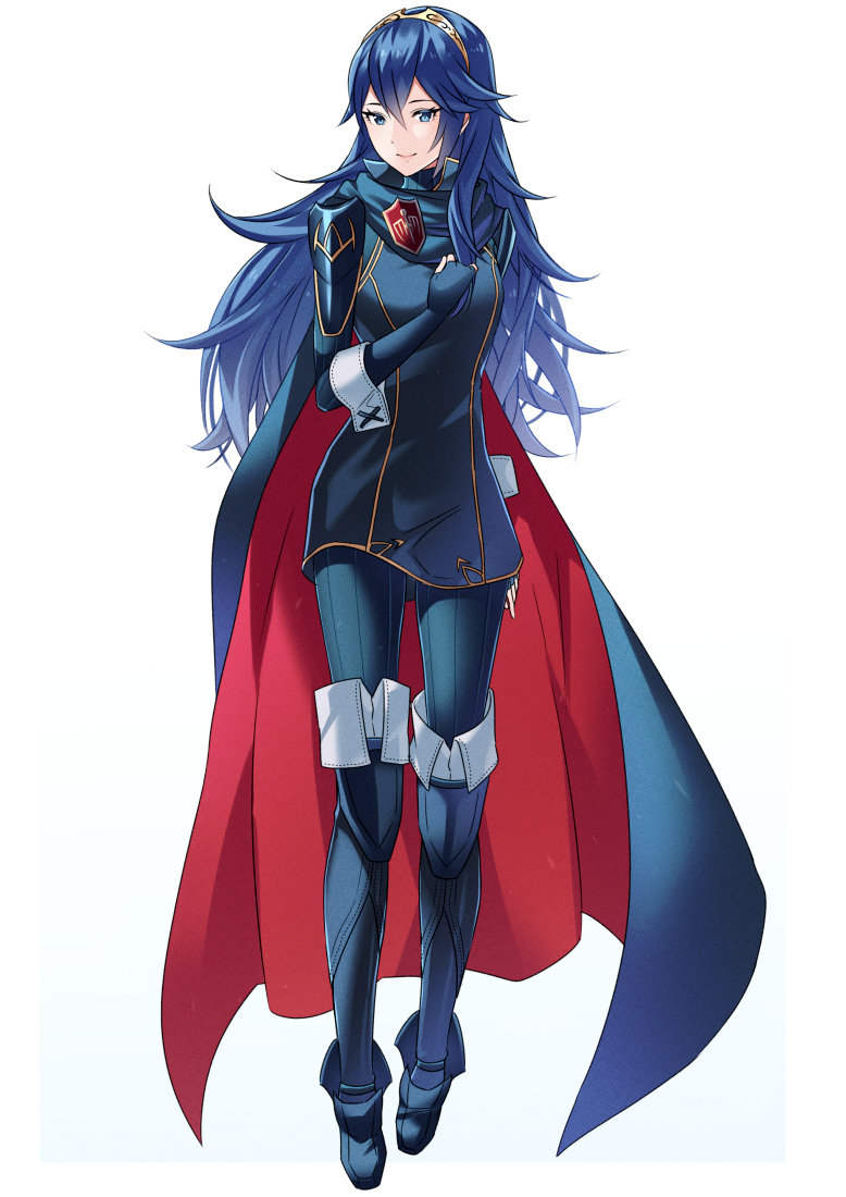 1girl ameno_(a_meno0) armor bangs blue_cape blue_eyes blue_footwear blue_gloves blue_hair blue_sweater boots cape closed_mouth fingerless_gloves fire_emblem fire_emblem_awakening full_body gloves hair_between_eyes hand_on_own_chest lips long_hair long_sleeves looking_at_viewer lucina_(fire_emblem) pink_lips red_cape ribbed_sweater shoulder_armor simple_background smile solo sweater tiara turtleneck turtleneck_sweater two-tone_cape white_background wrist_cuffs