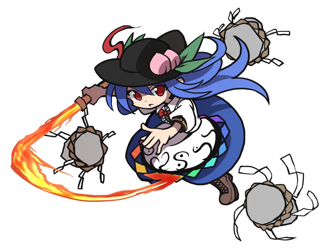 1girl black_headwear blouse blue_hair blue_skirt bow bowtie brown_footwear dress_shirt fighting_stance food fruit full_body hat hinanawi_tenshi holding holding_sword holding_weapon keystone leaf long_hair looking_at_viewer peach puffy_short_sleeves puffy_sleeves puyopuyo rainbow_order red_eyes shinmon_akika shirt short_sleeves simple_background skirt solo sword sword_of_hisou touhou weapon white_background wing_collar