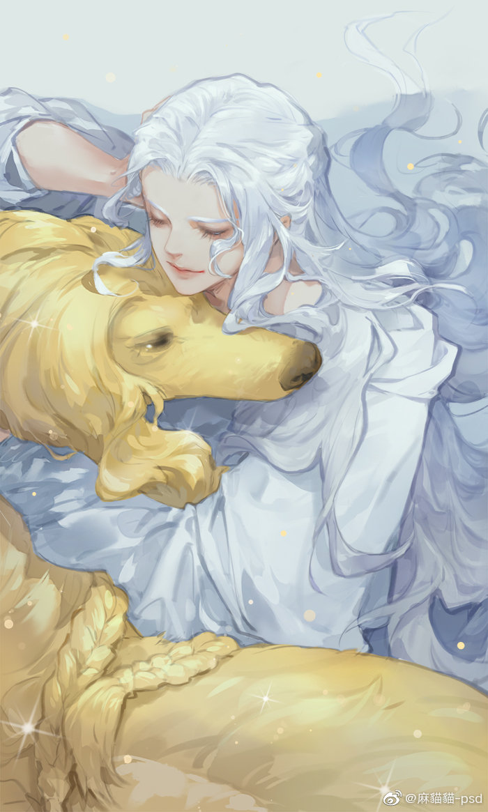 1girl animal_on_lap argos_(ff14) blue_background blue_eyes braid commentary dog dog_on_lap elbow_rest final_fantasy final_fantasy_xiv from_above half-closed_eyes half_updo hand_on_own_head long_hair looking_at_animal looking_down mamaomao-psd on_lap robe smile solo sparkle upper_body venat_(ff14) wavy_hair weibo_logo weibo_username white_hair white_robe