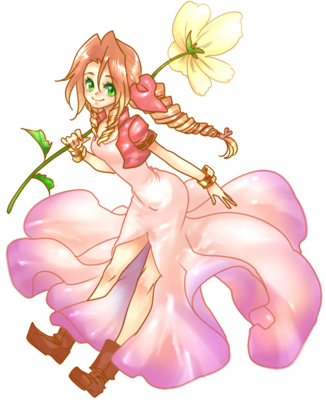 1girl aerith_gainsborough bangle bangs boots bracelet braid braided_ponytail brown_footwear brown_hair cropped_jacket curly_hair dress final_fantasy final_fantasy_vii floral_dress flower full_body green_eyes hair_ribbon holding holding_flower jacket jewelry long_dress long_hair looking_at_viewer male_focus parted_bangs pink_dress pink_ribbon red_jacket ribbon short_sleeves sidelocks smile solo torimeiro white_background yellow_flower