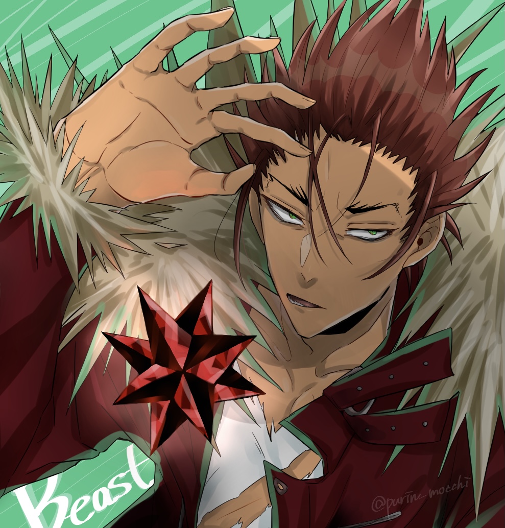 1boy aaron_(buddy_mission_bond) brown_hair buddy_mission_bond fur_trim green_background hiyoko_mochi jacket looking_at_viewer red_jacket scratches simple_background small_stellated_dodecahedron solo spiky_hair torn_clothes twitter_username upper_body