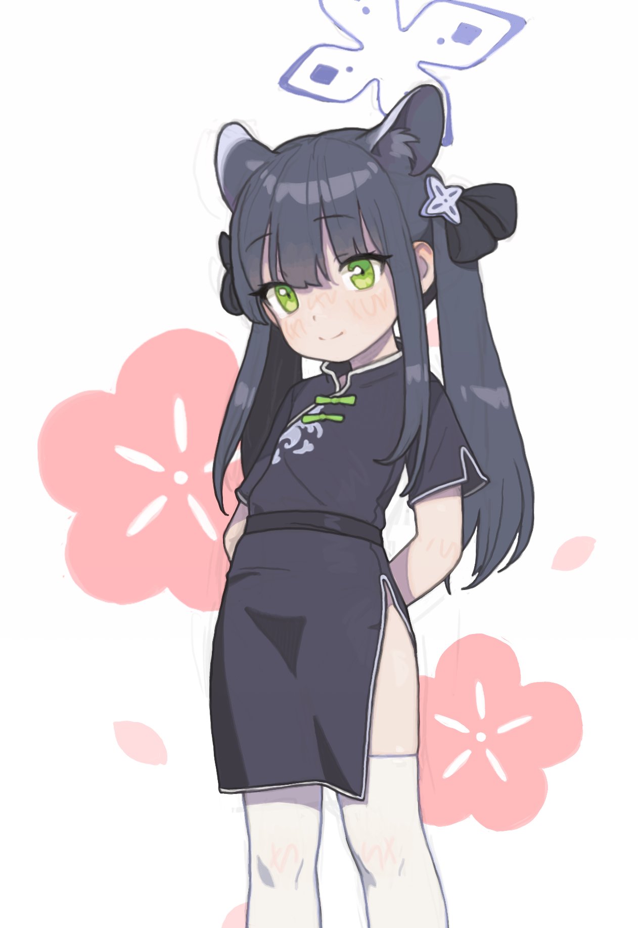 1girl animal_ear_fluff animal_ears bangs bear_ears black_hair blue_archive china_dress chinese_clothes dress flower green_eyes hair_between_eyes halo highres long_hair lotus opossumachine petals shun_(blue_archive) shun_(small)_(blue_archive) sidelocks thigh-highs twintails white_background white_thighhighs younger zettai_ryouiki