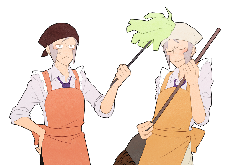 2boys :&lt; air_guitar anger_vein apron broom brothers closed_eyes closed_mouth collared_shirt emmet_(pokemon) frown grey_eyes grey_hair hand_on_hip head_scarf holding holding_broom ingo_(pokemon) jaho long_sideburns male_focus multiple_boys orange_apron pants pokemon pokemon_(game) pokemon_bw shirt short_hair siblings sideburns smile