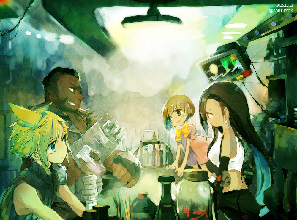 2boys 2girls armor bar barret_wallace beard black_gloves black_hair black_skirt blonde_hair blue_eyes bottle bow bowtie brown_eyes brown_hair cloud_strife counter crop_top cup dark-skinned_male dark_skin dress earrings elbow_gloves elbow_pads facial_hair father_and_daughter final_fantasy final_fantasy_vii fingerless_gloves gloves grin hair_behind_ear hair_between_eyes holding holding_cup indoors jar jewelry leaning_forward long_hair looking_at_another marlene_wallace midriff multiple_boys multiple_girls open_mouth pink_dress prosthesis puffy_short_sleeves puffy_sleeves saru_(shimanokyouken) shirt short_hair short_sleeves shoulder_armor skirt sleeveless sleeveless_turtleneck smile spiky_hair suspender_skirt suspenders teeth television tifa_lockhart torn_clothes torn_sleeves turtleneck upper_body very_short_hair white_shirt yellow_bow