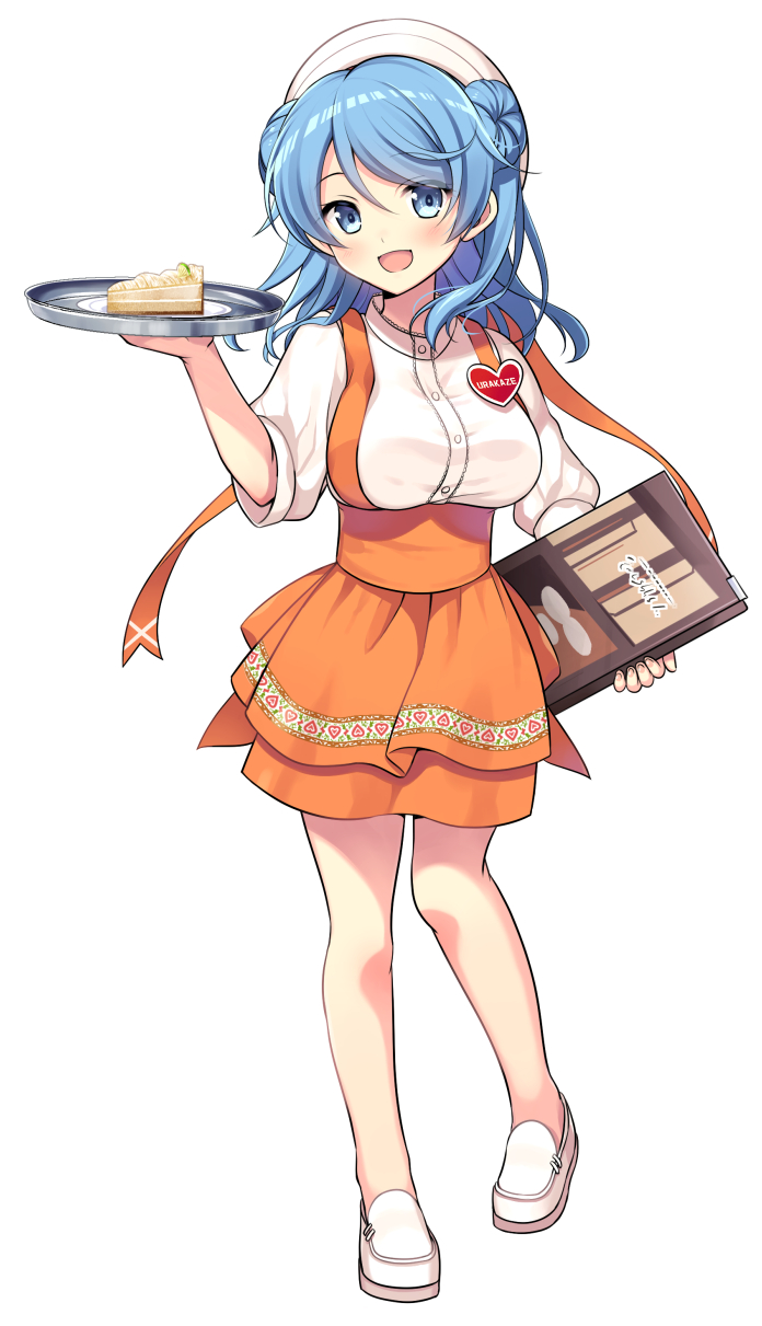 1girl alternate_costume anna_miller apron badge blue_eyes blue_hair breasts cake commentary_request double_bun food full_body hair_bun hat highres kantai_collection large_breasts menu namesake odawara_hakone orange_apron orange_skirt sailor_hat shirt skirt solo standing tray urakaze_(kancolle) waitress white_footwear white_headwear white_shirt