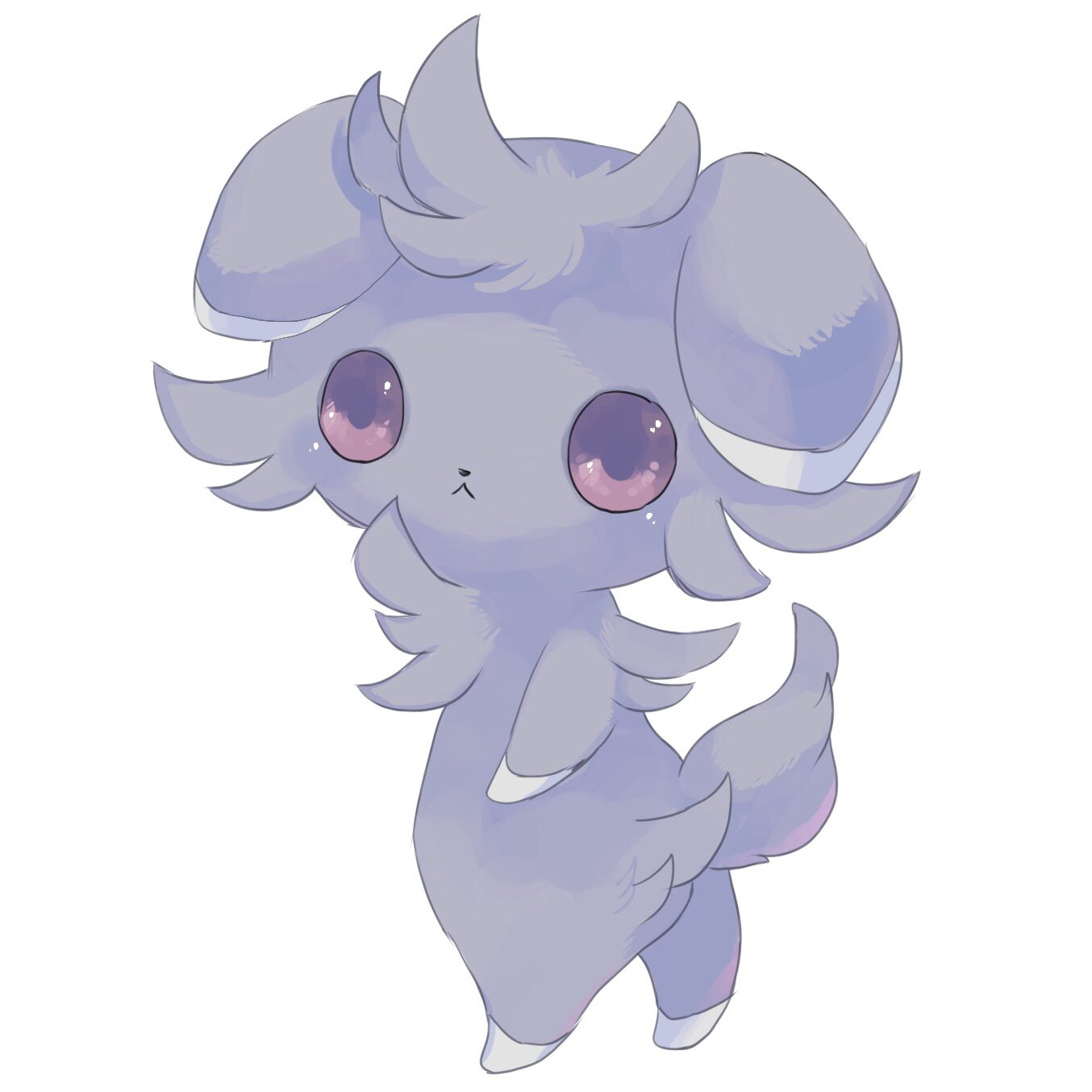 1other :&lt; body_fur child commentary ears_down espurr expressionless from_behind full_body furry grey_fur highres looking_at_viewer looking_back merino_(merino_9999) other_focus pokemon pokemon_(creature) simple_background solo standing two-tone_fur violet_eyes white_background white_fur