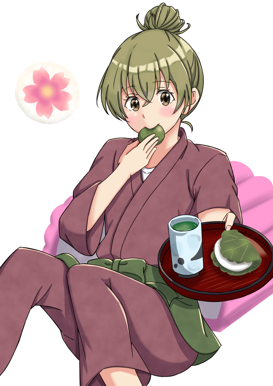 1girl blush brown_eyes brown_hair cup deaimon eating feet_out_of_frame food hair_up highres samue simple_background sitting tarako_passuta tea tray wagashi white_background yukihira_itsuka yunomi