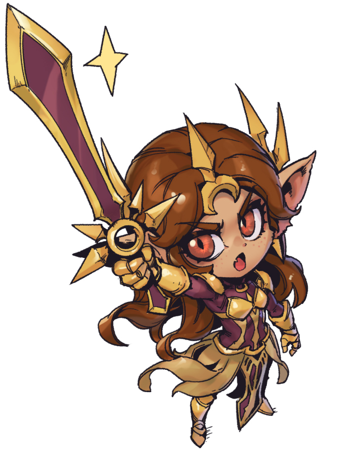 1girl alternate_ears alternate_form arm_up armor armored_boots bangs boots brown_eyes brown_hair commentary full_armor gauntlets gold_armor holding holding_sword holding_weapon league_of_legends leona_(league_of_legends) long_hair open_mouth parted_bangs phantom_ix_row pointy_ears shiny shiny_hair simple_background sparkle sword symbol-only_commentary tongue weapon white_background yordle