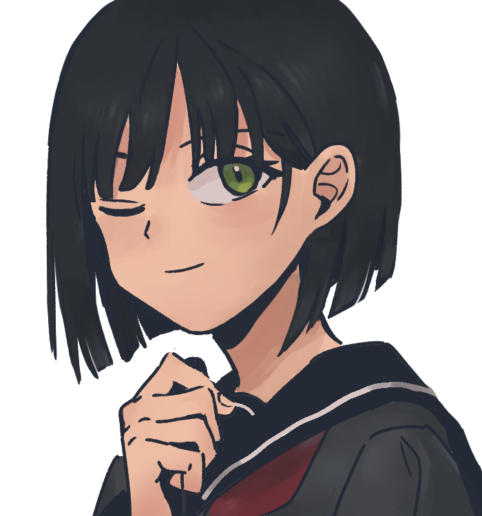 1girl bangs black_hair black_serafuku bob_cut closed_mouth commentary eyelashes from_side green_eyes hair_behind_ear hand_up inverted_bob kon_yuka looking_at_viewer looking_to_the_side nana_0253 neckerchief one_eye_closed portrait red_neckerchief school_uniform serafuku short_hair simple_background smile white_background world_trigger