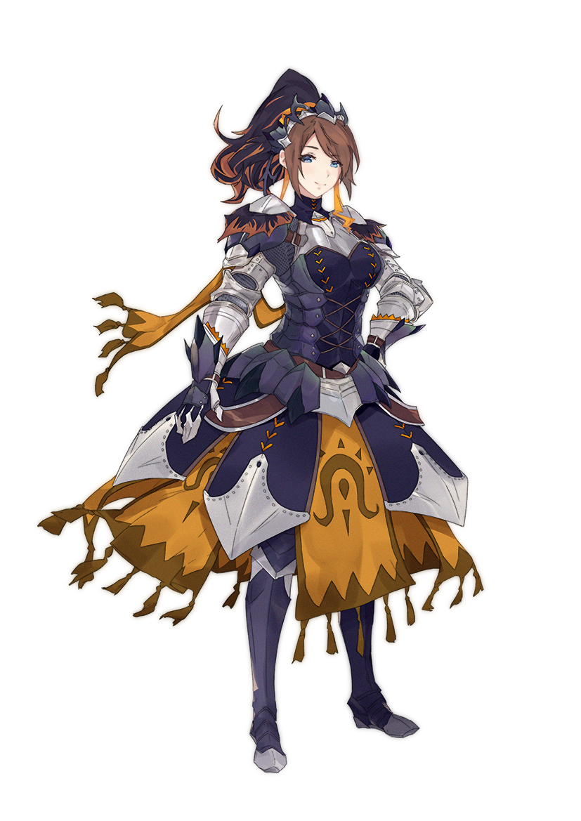 0.7_(aysatnegr) 1girl armor armored_dress bangs blue_eyes breastplate brown_hair commentary_request cross-laced_clothes forehead gauntlets greaves hair_ornament hand_on_hip legs_apart long_hair looking_at_viewer monster_hunter_(series) monster_hunter_x parted_bangs pointy_nose sash shoulder_armor simple_background smile solo standing white_background