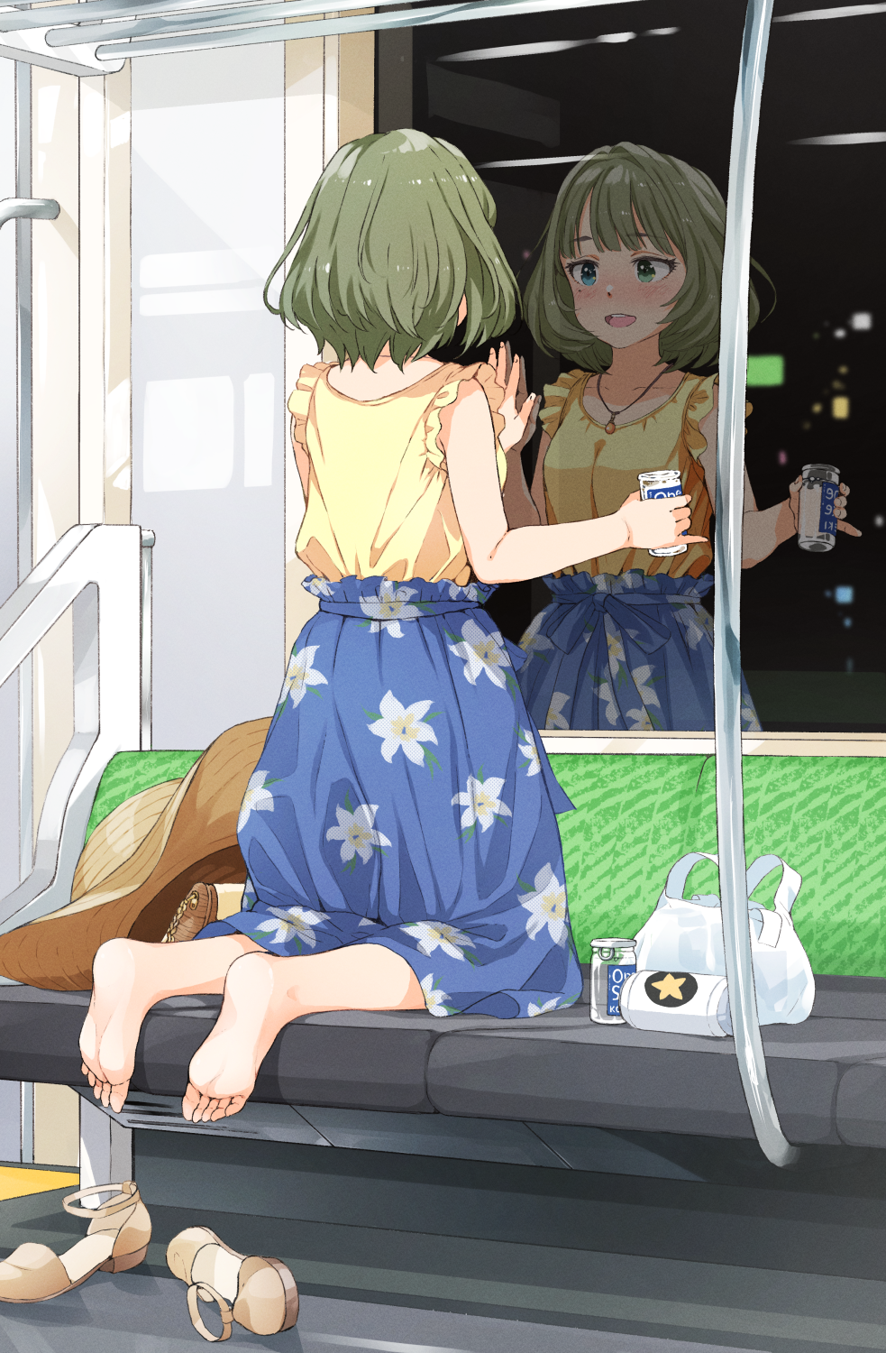 1girl bag barefoot beer_can blue_skirt blush bob_cut can commentary_request drunk floral_print frilled_sleeves frills from_behind gomennasai green_hair grocery_bag handbag hat hat_removed headwear_removed highres idolmaster idolmaster_cinderella_girls jewelry kneeling long_skirt looking_afar looking_outside medium_hair necklace night nose_blush pinky_out plastic_bag reflection shirt shirt_tucked_in shoes shoes_removed shopping_bag skirt sleeveless sleeveless_shirt smile soles solo straw_hat takagaki_kaede toes train_interior window yellow_shirt