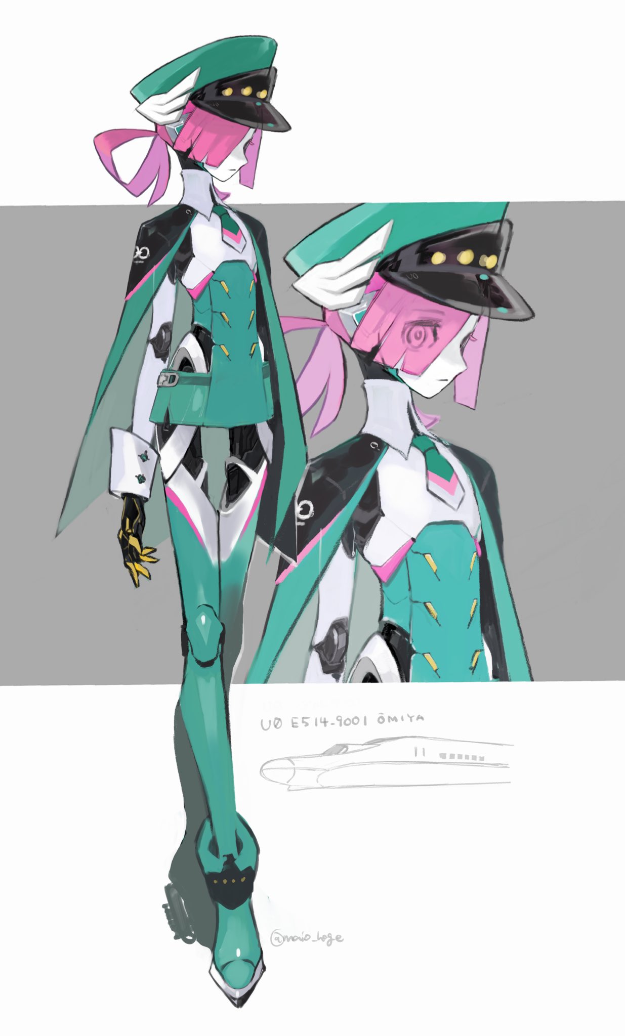 1girl android arms_at_sides cloak commentary eyes_visible_through_hair flat_chest full_body ground_vehicle hat highres humanoid_robot joints locomotive maio_(space_jct) necktie original peaked_cap pink_hair robot_joints signature solo symbol-only_commentary train zoom_layer