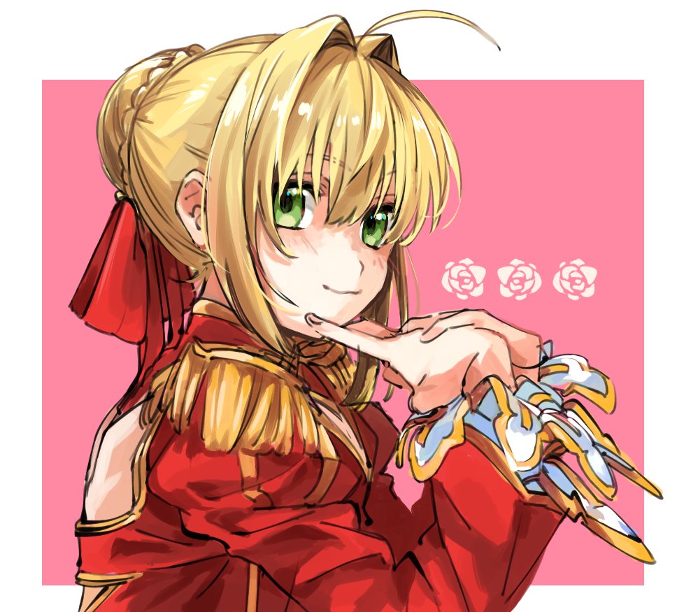 1girl ahoge bangs blonde_hair border braid closed_mouth commentary_request dress epaulettes fate/extra fate_(series) finger_to_mouth french_braid green_eyes hair_between_eyes hair_bun hair_intakes hair_ribbon index_finger_raised keiasik long_sleeves looking_at_viewer nero_claudius_(fate) nero_claudius_(fate/extra) outside_border red_dress red_ribbon ribbon short_hair sidelocks smile solo upper_body white_border