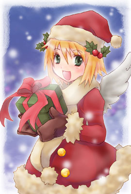 1girl :d aikawa_yuzuki bangs blonde_hair blush brown_mittens christmas commentary_request cowboy_shot gift green_eyes hair_between_eyes hair_ornament hat holding holding_gift holly_hair_ornament looking_at_viewer lowres open_mouth ragnarok_online red_headwear santa_costume santa_hat short_hair smile snowing solo