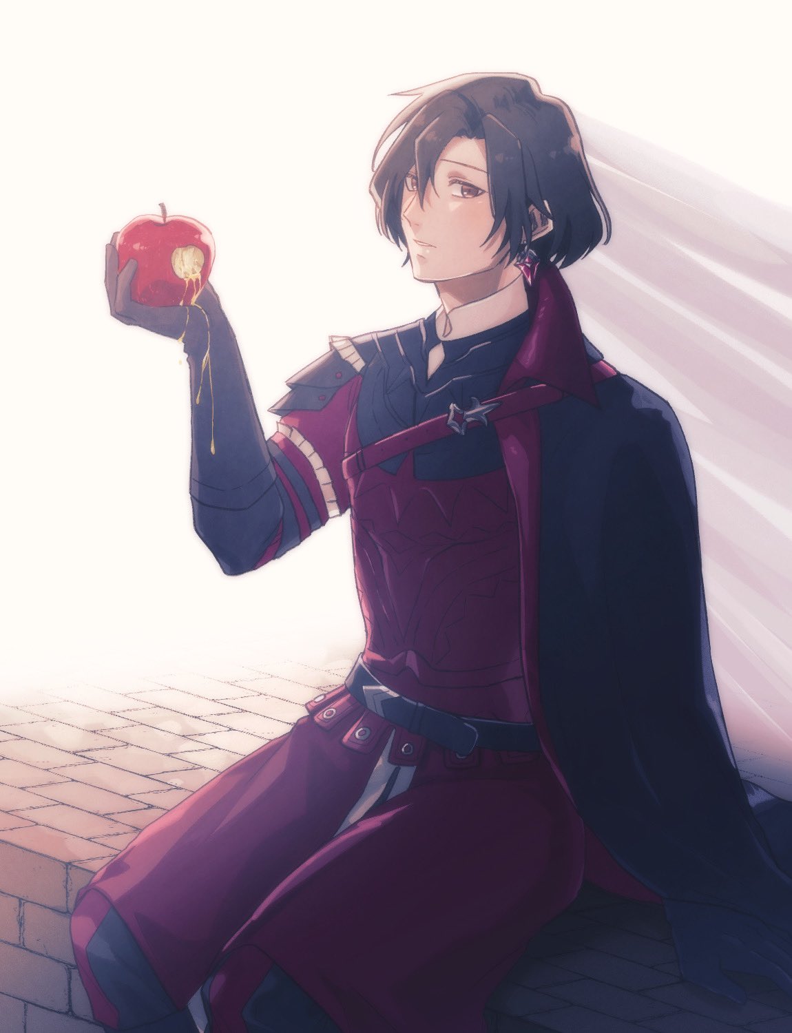 1boy apple belt black_belt black_cape black_gloves black_hair black_pants brick_floor brown_eyes cape collared_cape constantine_xi_(fate) curtained_hair dripping earrings expressionless fate/grand_order fate_(series) feet_out_of_frame food food_bite fruit gloves hair_between_eyes highres holding holding_food holding_fruit jewelry light_rays looking_at_viewer lv1na_ura male_focus pants parted_lips red_armor red_belt red_tunic short_hair shoulder_belt shoulder_cape sitting solo tunic