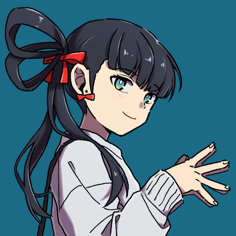 1girl aqua_eyes black_hair blue_background blue_eyes blush bow bow_earrings casual closed_mouth earrings from_side grey_sweater hair_bow hair_over_shoulder hair_rings hands_up jewelry kagami_rin long_hair long_sleeves looking_at_viewer looking_to_the_side nana_0253 open_mouth red_bow side_ponytail simple_background smile solo split_ponytail spread_fingers steepled_fingers sweater upper_body world_trigger
