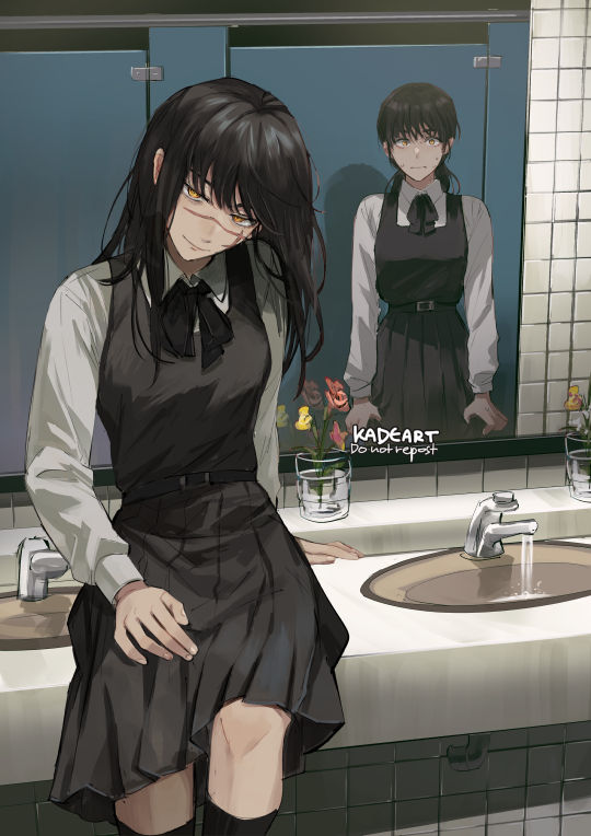 2girls bangs black_bow black_bowtie black_dress black_hair black_socks bow bowtie chainsaw_man closed_mouth collared_shirt dress dual_persona indoors kadeart kneehighs long_hair long_sleeves looking_at_viewer mirror mitaka_asa multiple_girls pinafore_dress reflection restroom scar scar_on_cheek scar_on_face shirt sink sitting socks war_devil_(chainsaw_man) white_shirt yellow_eyes