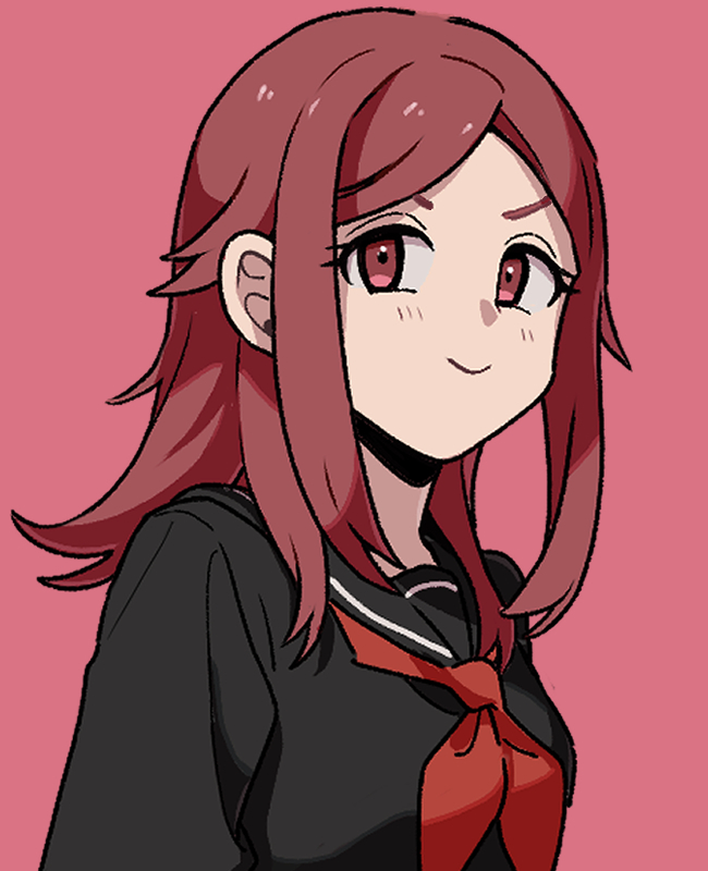 1girl black_serafuku breasts closed_mouth commentary kunichika_yuu long_hair looking_at_viewer nana_0253 neckerchief pink_background pink_eyes red_neckerchief redhead school_uniform serafuku smile solo upper_body world_trigger