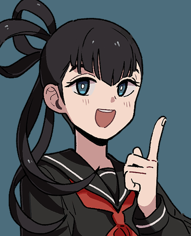 1girl :d bangs black_serafuku blue_background blue_eyes closed_mouth commentary hair_rings hand_up index_finger_raised kagami_rin long_hair looking_at_viewer nana_0253 neckerchief open_mouth red_neckerchief school_uniform serafuku smile solo twintails upper_body world_trigger