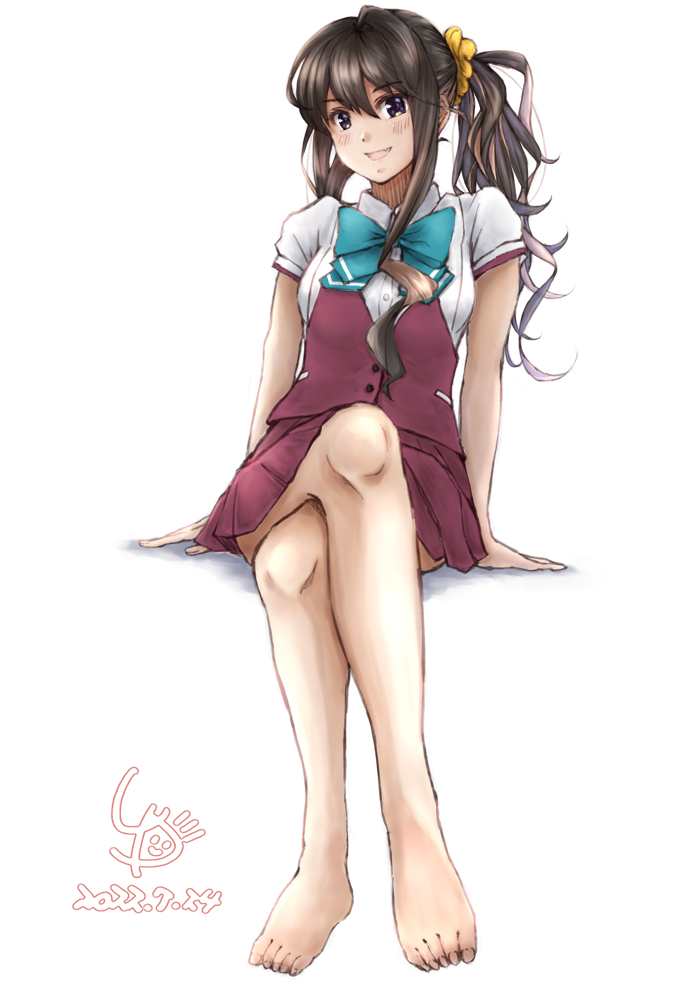 1girl alternate_hairstyle artist_logo barefoot black_hair commentary_request crossed_legs dated full_body kantai_collection ld_(luna_dial398) long_hair multicolored_hair naganami_(kancolle) naganami_kai_ni_(kancolle) pink_hair pleated_skirt purple_skirt purple_vest school_uniform shirt short_sleeves side_ponytail simple_background sitting skirt smile solo vest white_background white_shirt