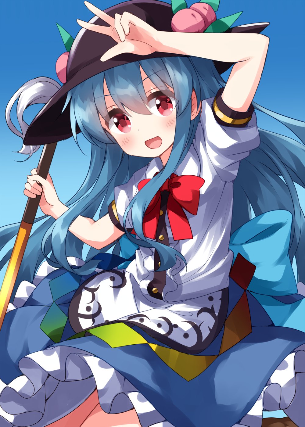 black_headwear blue_background blue_bow blue_hair blue_skirt bow buttons food frills fruit hat highres hinanawi_tenshi long_hair neck_ribbon one-hour_drawing_challenge peach puffy_sleeves rainbow_gradient red_bow red_eyes ribbon ruu_(tksymkw) shirt short_sleeves skirt sword_of_hisou touhou v white_shirt