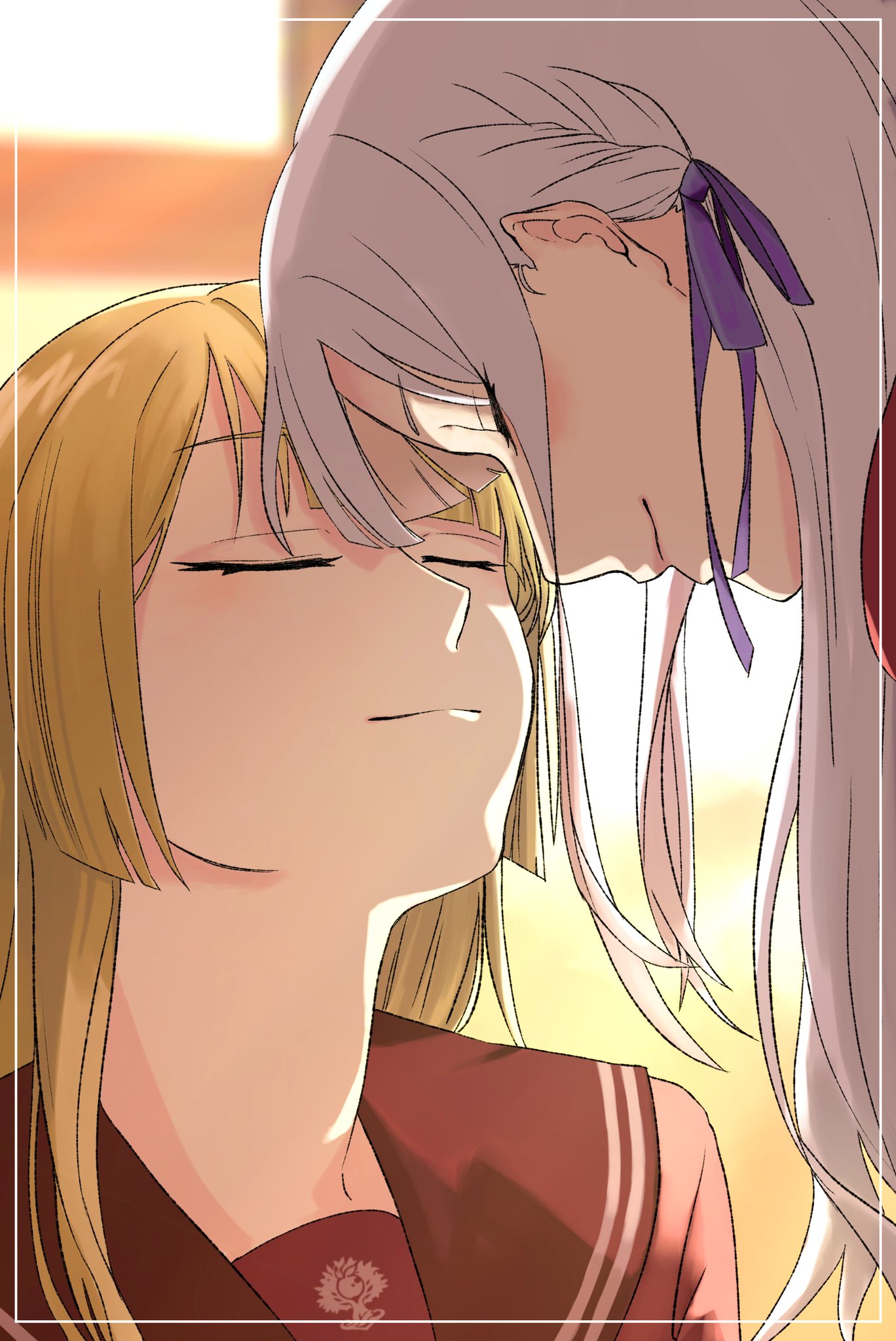 2girls assault_lily backlighting bangs blonde_hair blunt_bangs blurry blurry_background blush braid brown_sailor_collar closed_eyes closed_mouth commentary evening facing_another forehead-to-forehead framed grey_hair hair_ribbon heads_together highres indoors kaga_(kaga_878787) kanba_girls_high_school_uniform kon_kanaho light_smile long_hair miyagawa_takane multiple_girls portrait profile purple_ribbon red_shirt ribbon sailor_collar school_uniform serafuku shiny shiny_hair shirt side_braid window yuri