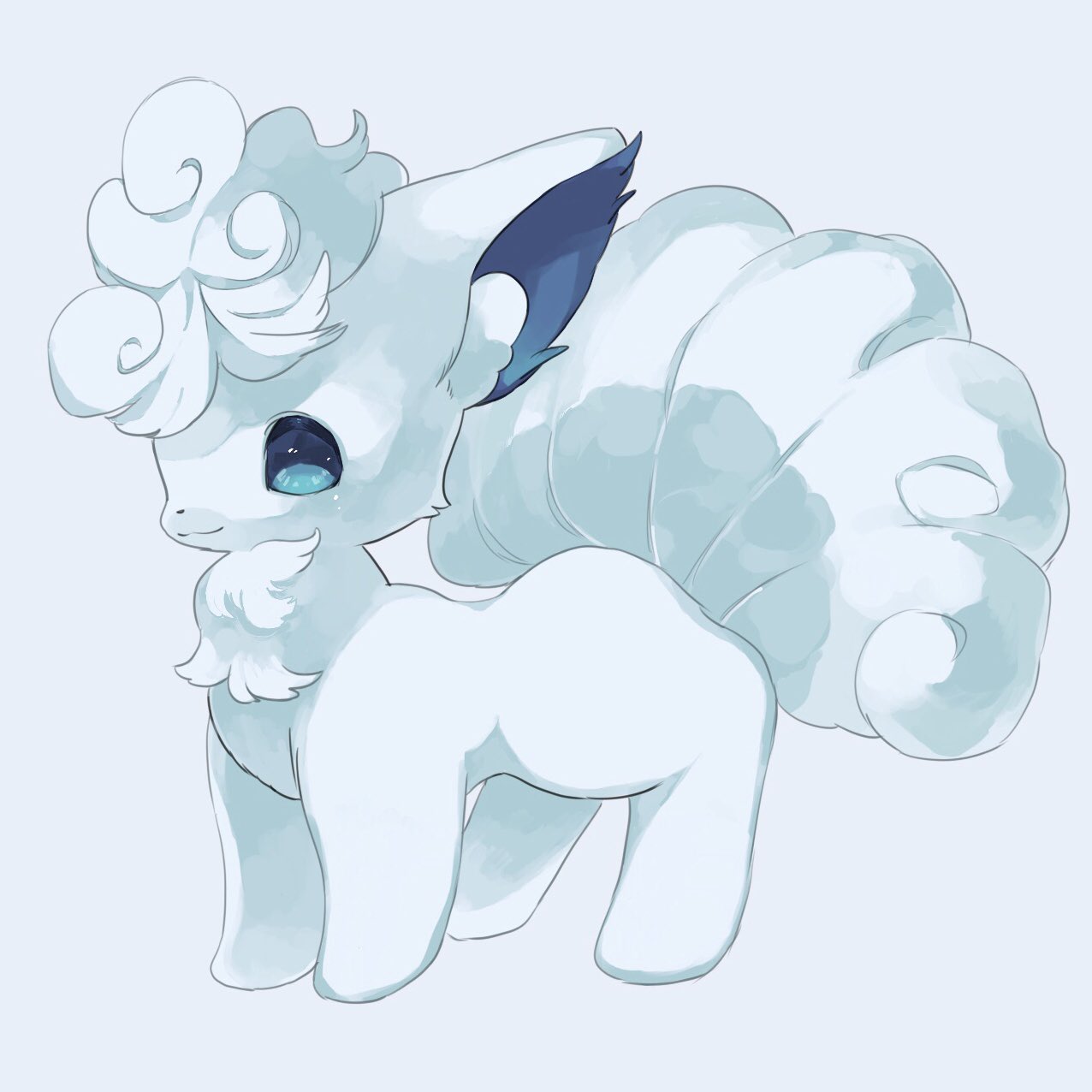 :3 alolan_vulpix animal_focus blank_eyes blue_background blue_eyes blue_theme closed_mouth commentary from_side full_body happy highres merino_(merino_9999) no_humans pokemon pokemon_(creature) short_hair simple_background smile solo standing white_hair