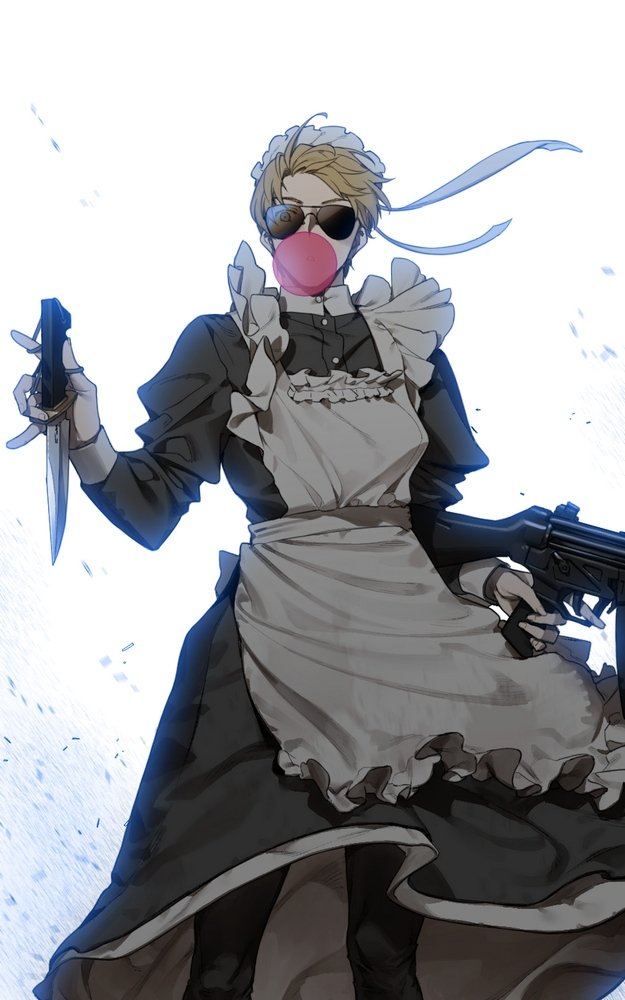 1boy alternate_costume america_(hetalia) apron axis_powers_hetalia blonde_hair blue_eyes blue_light bubble_blowing chewing_gum crossdressing enmaided frilled_apron frills gun holding holding_gun holding_knife holding_weapon juliet_sleeves knife littleb623 long_sleeves maid male_focus puffy_sleeves sunglasses waist_apron weapon