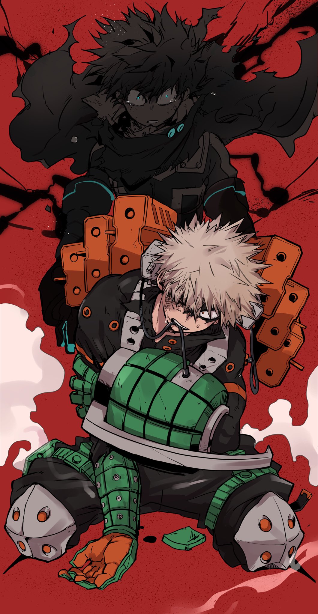 2boys angry arm_grab bakugou_katsuki bangs behind_another black_bodysuit black_whip_(boku_no_hero_academia) blonde_hair bodysuit boku_no_hero_academia cape chiyaya constricted_pupils eye_mask floating_cape floating_hair freckles gloves glowing glowing_eyes green_eyes green_gloves gun hair_between_eyes high_collar highres holding_own_arm knee_pads looking_at_viewer machine_gun male_focus midoriya_izuku multiple_boys neck_brace official_alternate_costume one_eye_covered orange_gloves parted_lips red_background red_eyes sanpaku short_hair sitting smoke spiky_hair spoilers sweat tears teeth_hold torn_cape torn_clothes torn_mask two-tone_gloves wariza weapon wide-eyed