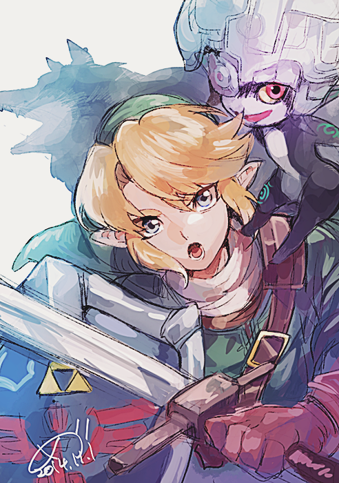 1boy 1girl belt blonde_hair blue_eyes colored_sclera colored_skin dated gloves hat holding link medu_(rubish) midna multicolored_skin open_mouth pointy_ears red_eyes shield shirt signature sword the_legend_of_zelda the_legend_of_zelda:_twilight_princess two-tone_skin weapon