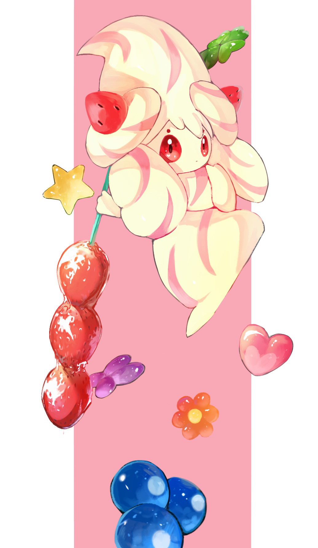 1girl alcremie alcremie_(strawberry_sweet) alcremie_(vanilla_cream) bangs big_hair blueberry bug butterfly closed_mouth clover colored_skin commentary english_commentary expressionless flower food four-leaf_clover fruit full_body hands_up heart heart_in_eye highres holding holding_food horezai long_hair looking_at_viewer multicolored_hair multicolored_skin orange_flower pink_background pink_hair pink_skin pokemon pokemon_(creature) red_eyes simple_background solo star_(symbol) strawberry streaked_hair symbol_in_eye two-tone_hair two-tone_skin white_hair white_skin