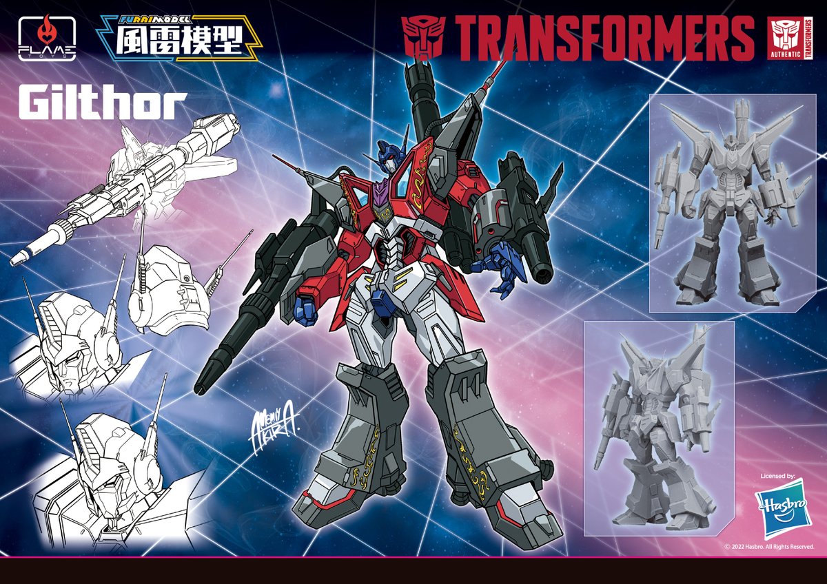 amemiya_akira arm_cannon artist_name character_name clenched_hand flame_toys gilthor hasbro logo mecha model_kit multiple_views official_art open_hand red_eyes reference_sheet robot solo_focus transformers weapon