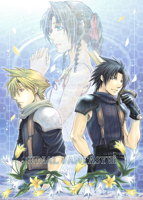 1girl 2boys aerith_gainsborough armor bangs bare_arms belt black_gloves black_hair blonde_hair blue_background blue_eyes blue_shirt border braid braided_ponytail breasts brown_hair cloud_strife crisis_core_final_fantasy_vii curly_hair dress falling_petals final_fantasy final_fantasy_vii flower gloves green_eyes hair_ribbon hand_on_hip holding holding_sword holding_weapon long_hair medium_breasts multiple_boys over_shoulder own_hands_clasped own_hands_together parted_bangs petals pink_ribbon profile ribbon ripples scarf shirt short_hair shoulder_armor sidelocks sleeveless sleeveless_turtleneck sleeves_rolled_up spiky_hair suspenders sword tsuki_oto_sena turtleneck upper_body weapon weapon_over_shoulder white_dress white_flower yellow_flower zack_fair