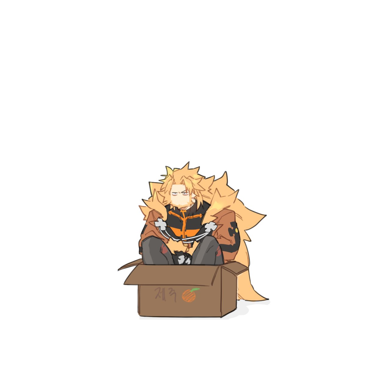 1boy beard blonde_hair blue_eyes box cardboard_box chibi coat facial_hair frown full_body gloves guilty_gear hannim_7h highres in_box in_container knees_up leo_whitefang long_hair looking_at_viewer male_focus no_mouth no_nose orange_print pants sitting solo translation_request very_long_hair white_background