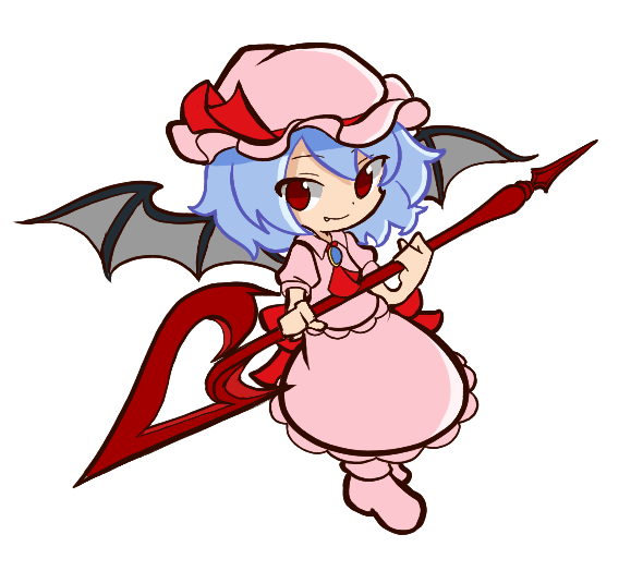 1girl ascot bat_wings black_wings blue_hair closed_mouth fang full_body hat hat_ribbon holding holding_weapon looking_at_viewer mob_cap pink_footwear pink_headwear pink_shirt pink_skirt puyopuyo red_ascot red_eyes red_ribbon remilia_scarlet ribbon shinmon_akika shirt short_hair short_sleeves simple_background skirt smile solo spear_the_gungnir tongue tongue_out touhou weapon white_background wings