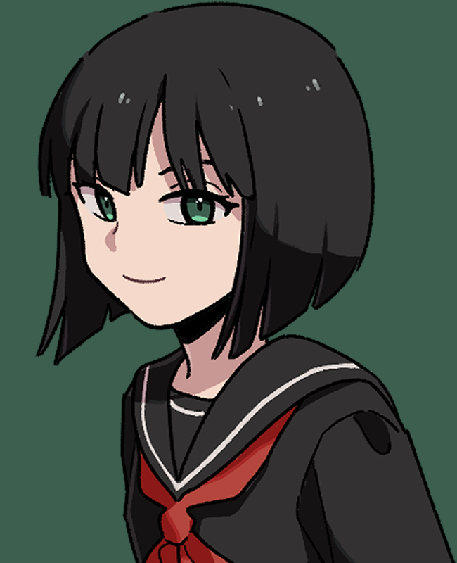 1girl bangs black_hair black_serafuku bob_cut closed_mouth commentary green_background green_eyes inverted_bob kon_yuka looking_at_viewer nana_0253 neckerchief red_neckerchief school_uniform serafuku short_hair smile solo upper_body world_trigger