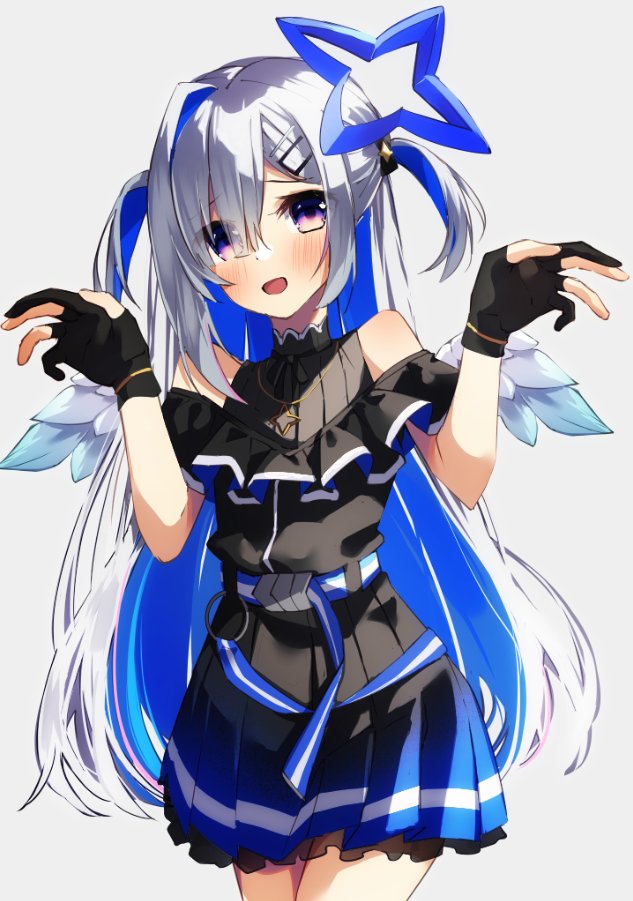 1girl amane_kanata bangs bare_shoulders belt black_dress black_gloves black_ribbon blue_belt blue_hair blush colored_inner_hair cowboy_shot dress eyes_visible_through_hair frilled_dress frills gloves gradient_dress grey_background grey_hair hair_over_eyes hololive jewelry long_hair mini_wings multicolored_hair neck_ribbon necklace open_mouth partially_fingerless_gloves ribbon simple_background solo striped_belt tsushi two_side_up violet_eyes virtual_youtuber wings