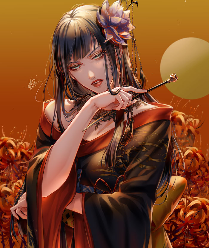 1girl arm_across_waist bangs bat_hair_ornament black_collar black_hair black_kimono blue_eyes blunt_bangs blunt_ends collar commentary dated doro_(sabarudoro) eyeshadow final_fantasy final_fantasy_xiv flower frown full_moon furrowed_brow gradient gradient_background hair_flower hair_ornament half-closed_eyes hand_up head_tilt hime_cut holding holding_smoking_pipe hyur japanese_clothes kimono kiseru lace_collar long_hair looking_at_viewer makeup mole mole_under_mouth moon obi obiage obijime off_shoulder orange_background parted_lips red_eyeshadow red_flower red_lips sash sidelocks signature smoking_pipe solo spider_lily straight_hair upper_body v-shaped_eyebrows wide_sleeves yotsuyu_goe_brutus